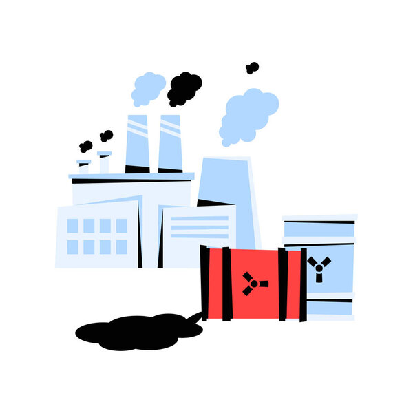 Factory buildings emitting smoke with oil spill barrels nearby, representing pollution, environmental hazards, and industrial impact on ecosystems, isolated on white.