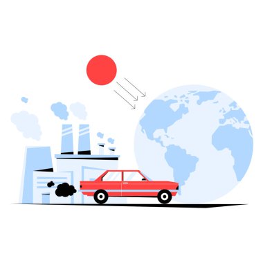 Kirliliği ve küresel ısınma üzerindeki etkisini sembolize eden, dumanlı fabrikaların yakınında egzoz gazı yayan kırmızı bir arabanın canlandırılması,.