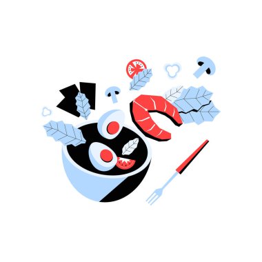 Deniz ürünleri, sebzeler ve sağlıklı yeme, beslenme ve aşçılık zevkini sembolize eden otlar da dahil olmak üzere taze salata malzemeleriyle dolu bir kasenin düz vektör çizimi.