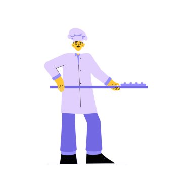 Male chef holding a pizza peel, dressed in chef attire, symbolizing culinary skills and Italian cuisine preparation in a professional kitchen setting, flat vector illustration. clipart