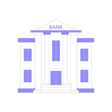 Klasik sütunlu bir banka binasının düz vektör çizimi, beyaz arka planda izole edilmiş finans kurumu, güvenlik ve istikrarı sembolize ediyor.