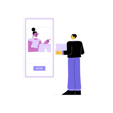 Erkek banka müşterisi belgelerini tutuyor ve dijital ekranda kadın banka danışmanıyla iletişime geçiyor, online bankacılık hizmetleri ve sanal finansal yardımları temsil ediyor..