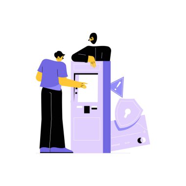 İki erkek karakter, dijital bankacılık işlemlerinde ATM dolandırıcılığı, mali suç ve güvenlik risklerini sembolize eden şüpheli bir şekilde ATM ile etkileşim halindeler..