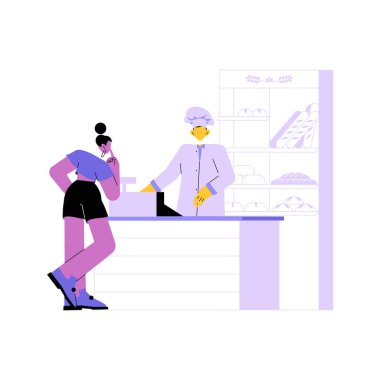 Tezgahtaki erkek fırın personeliyle etkileşim halinde olan bir bayan müşteri, her ikisi de dostça bir değiş tokuş yaptı. Arkaplanda çeşitli ekmek ve hamur işleri bulunan fırın rafları görünür..