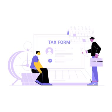 Male tax advisor helps seated client with tax form displayed on a large screen, symbolizing financial assistance and tax consultation, emphasizing professional tax support. clipart