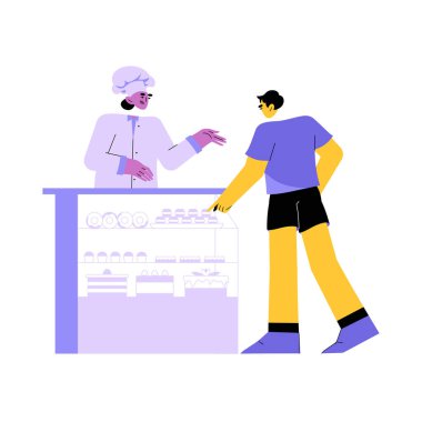 Female customer selecting pastries at a bakery counter, interacting with a chef, symbolizing food selection, customer choice, and in store shopping experience. clipart