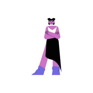 Kollarını kavuşturmuş, şık bir kıyafet giymiş modern moda, mankenlik ve moda tarzını sembolize eden bir kadın modelin tasviri..