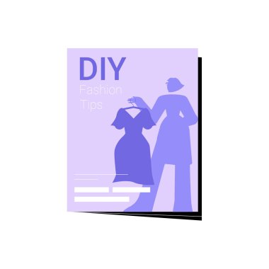 A DIY fashion guide book with silhouettes of dresses and characters, symbolizing creative tips, fashion inspiration, and personal style. Flat vector illustration, isolated on white. clipart