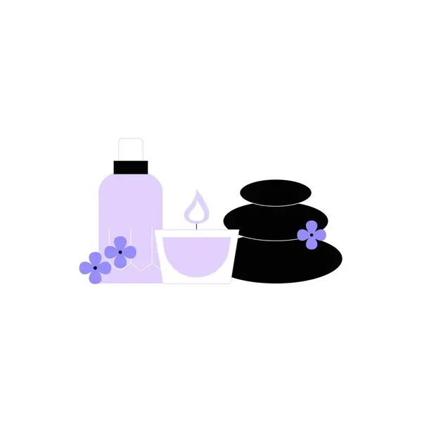 Temel yağ şişesi, mum ve taşlar dahil olmak üzere spa malzemeleri, minimalist tarzda düzenlenmiş gevşemeyi, refahı ve kendine bakımı sembolize eder. Beyazda izole edilmiş.