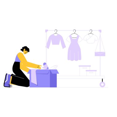 Giysileri rafın önüne boşaltan bir kadın tasviri. Moda, alışveriş ve organizasyonu simgeliyor. Düz vektör tarzında..