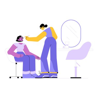 Profesyonel kuaför ortamında oturan bir müşteriye temel oluşturan kadın makyaj sanatçısı. Güzelliği, kendine bakımı ve profesyonel makyaj hizmetlerini sembolize ediyor..