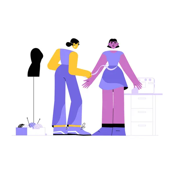 Başka bir kadının ölçümlerini alan bir kadın moda tasarımcısının tasarımı, terziliği ve yaratıcılığı düz bir vektör tarzında sembolize ettiği tasviri..