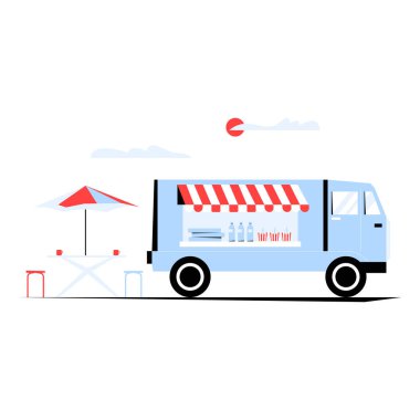 Açık bir oturma alanı olan boş yemek kamyonu, sokak yemeği servisini, yemek yerini ve kentsel yemek kültürünü sembolize ediyor, bembeyaz üzerine izole edilmiş düz vektör çizimi..