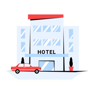 Dışarıda park halinde bir araba olan bir otel binası. Konukseverliği ve turizm hizmetlerini simgeliyor. Beyaz arkaplanda izole edilmiş, konaklama vurgulanan düz vektör illüstrasyonu.