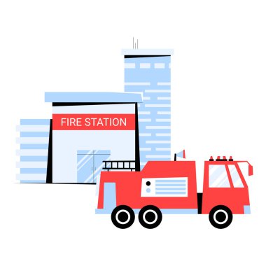 İtfaiye aracının önüne park edilmiş itfaiye aracı yassı vektör tarzıyla tasvir edilmiş. Beyaz arka planda izole edilmiş yangın güvenliği, acil durum müdahalesi ve toplum korumasını simgeliyor..