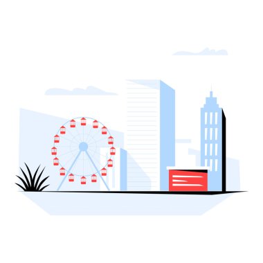 Şehir manzarasında bir dönme dolap ve gökdelenlerin yer aldığı bir resim, beyaz arka planda izole edilmiş şehir turizmini ve eğlence faaliyetlerini sembolize ediyor..