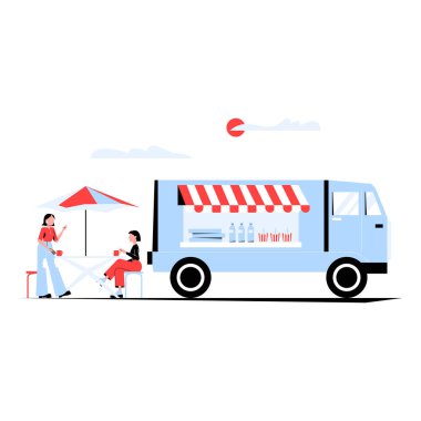 Müşterileri olan yemek kamyonu şemsiye masasının altında yemek yiyor, sokak yemeği kültürünü, açık hava yemeklerini ve sosyal toplantıları temsil ediyor, beyazı izole edilmiş düz vektör çizimi..