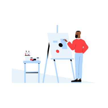 Resim yapan bir erkek ressam, bir resim sehpasında, yanında boya malzemeleriyle. Yaratıcılık, sanatsal ifade ve sanata adanmışlık temalarını temsil eder..