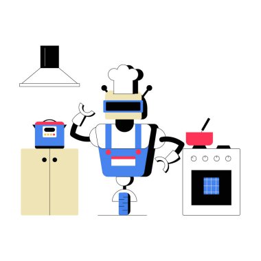 A robotic chef in a kitchen setting with cooking equipment, including a stove and pressure cooker, symbolizing culinary automation and technology in the kitchen. clipart