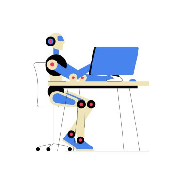 Masada dizüstü bilgisayarda yazan bir robot, iş yerindeki yapay zekanın, otomasyonun ve çalışmanın geleceğini sembolize ediyor. Beyaz bir arkaplanda izole edilmiş.