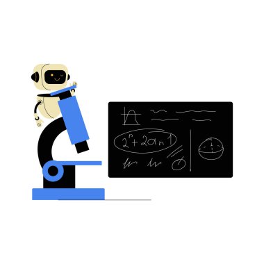 Bilimsel formüllerle dolu bir karatahtayı inceleyen, bir sınıfta robotik, bilim ve eğitimin kesişimini sembolize eden bir robot mikroskobu gözlemlerken resmedilir..