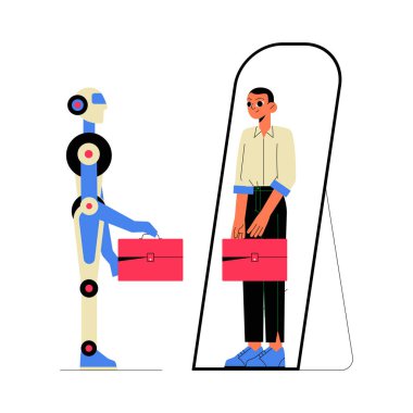 Bir robot, yapay zekanın modern endüstrilerdeki istihdam, otomasyon ve iş değişimi üzerindeki etkisini sembolize eden aynada insan yansımasına bakan bir evrak çantası tutuyor..