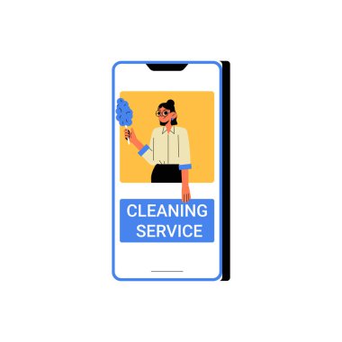 Temizlik hizmeti uygulamasını bir kadın temizlik ikonu ile gösteren akıllı telefon, ev bakımını sembolize ediyor ve konforu düz vektör tarzında temizliyor.
