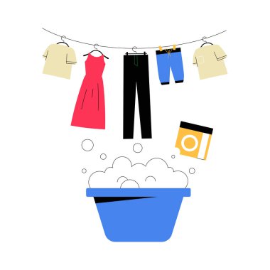 Sabunlu suyla dolu bir çamaşır leğeni asılmış giysilerin altında, çamaşır ve çamaşır bakımını sembolize ediyor, düz vektör tarzında beyaz arka planda izole edilmiş..
