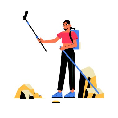 Elinde selfie çubuğu tutan ve kayaların arasında duran genç bir bayan yürüyüşçü, beyaz arka planda izole edilmiş düz bir vektör çiziminde açık hava macerası ve keşfi simgeliyor..