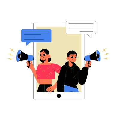 Illustration of a man and woman holding megaphones inside a tablet screen, representing teamwork in digital campaigns and social media marketing. Flat vector, isolated. clipart