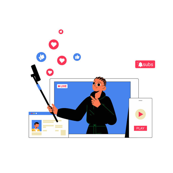 Мужчина-блогер, держащий в руках селфи-палку, транслирующий в прямом эфире иконки лайков и комментариев, плавающих вокруг, символизирующие вовлеченность аудитории и взаимодействие в социальных сетях.