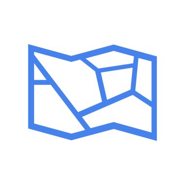 Birbirine bağlı mavi şekillere sahip soyut geometrik harita tasarımı, beyaz arkaplanda izole edilmiş navigasyon, haritalama ve dijital konum hizmetlerini sembolize eder.