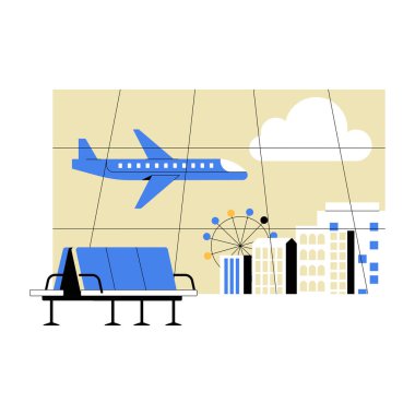 Pencerenin dışında uçan bir uçak manzaralı, şehir simgelerini gösteren, hava yolculuğunu ve yolcu konforunu sembolize eden modern bir havaalanı salonu..