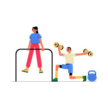 Kadın karakter bar egzersizleri yaparken erkek karakter spor aletlerinin yanında dambılları kaldırıyor, gücü, sağlığı ve aktif yaşam tarzını simgeliyor..