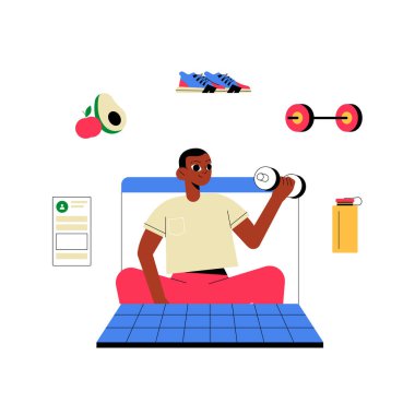 Erkek karakter çevrimiçi koç olarak hareket ediyor, paspasın üzerinde bir dambılı kaldırıyor, avokado, ayakkabı ve su şişesi gibi spor ikonları ile çevrili, sanal eğitimi ve sağlığı simgeliyor..