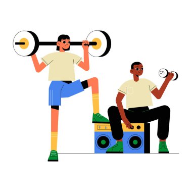 Two male weightlifters training with dumbbells and barbells, symbolizing strength, fitness, and health, isolated on white background. clipart