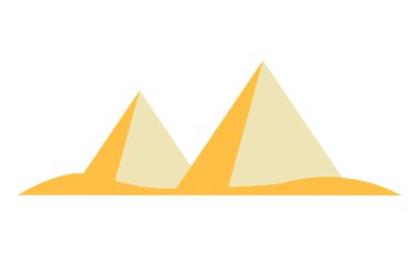 İki piramit, eski Mısır tarihi ve kültürel turizmi simgeleyen kumlu bir çöl ortamında bembeyaz arka planda izole edilmiş düz vektör çizimi..