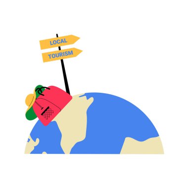 Pembe bir sırt çantası ve yeşil bir şapka, seyahat ve macerayı sembolize eden, turizm ve turizm etiketli bir turizm direğinin yer aldığı bir dünya..