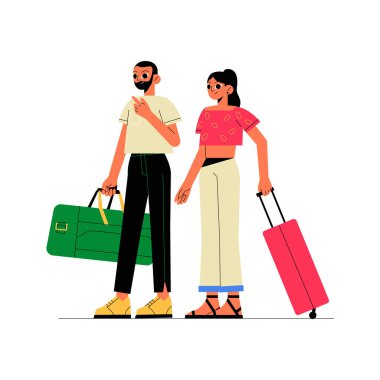 A male and female traveler standing with luggage, ready for a journey. The man holds a bag, and the woman pulls a suitcase, symbolizing travel and exploration.