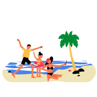 Bir anne ve iki çocuğu, tropikal bir sahilde palmiye ağacı ve dalgalarla poz veriyorlar. Seyahat, yaz etkinlikleri ve manzaralı aile anlarını simgeliyorlar..