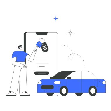 Erkek karakter araba kiralamak için mobil bir uygulama ile etkileşime geçiyor, arka planda ise teknoloji ve kolaylığı simgeleyen bir araba ve akıllı telefon ekranı var..