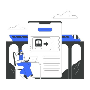 Mobil ekranın önünde dizüstü bilgisayarla oturan bir kadın tren biletini arka planda bir köprüden geçen bir tren ile seyahat rezervasyonunu simgeliyor..