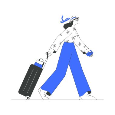 Elinde bir bavulla gezen ve elinde biletle dolaşan genç bir kadın, günlük seyahat kıyafetleri giymiş, turizmi, hareketliliği ve modern seyahati simgeliyor..