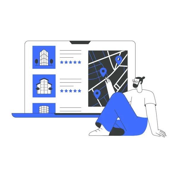 Erkek karakter, emlak listelerini gösteren bir dizüstü bilgisayarın ve konum şifreli bir haritanın yanında oturuyor, online gayrimenkul arama, navigasyon ve konut çözümlerini sembolize ediyor.