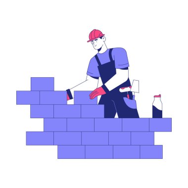 Güvenlik kaskı ve tulum giyen erkek inşaat işçisi, tuğla ve aletlerle bir duvar inşa ediyor, duvarcılık ve inşaat işlerini sembolize ediyor, beyaz üzerine izole edilmiş..