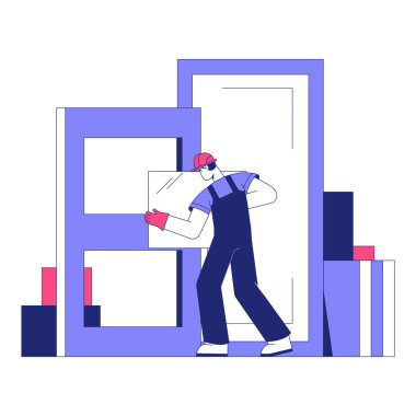 Male worker in overalls moving glass panels at a construction site, symbolizing manual labor, structural design, and building processes. clipart