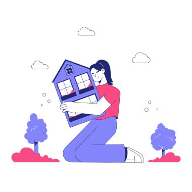 Gülümseyen bir kadın, elinde çimen ve ağaçlarla çevrili bir ev modelini tutarken diz çöker, gayrimenkul, ev sahipliği ve emlak yatırım kavramlarını sembolize eder..