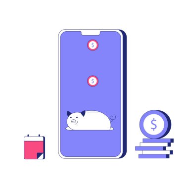 Akıllı telefon ekranında dolar işaretli bir kumbara beliriyor. Yanında madeni paralar ve bir takvim var. Birikimleri, finansal planlamaları ve bütçe düzenlemelerini simgeliyor..