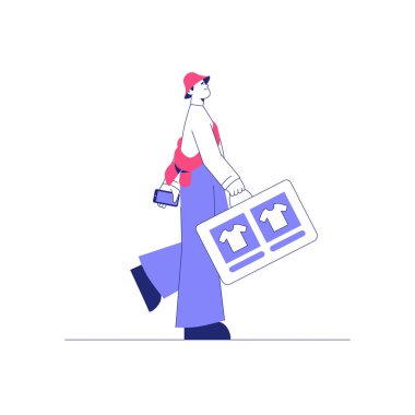 Male character walking while holding a shopping card and smartphone, browsing an online clothing store, symbolizing e commerce and fashion shopping. clipart