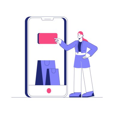 Bir kadın karakter akıllı telefon ekranındaki bir alışveriş poşeti simgesini işaret ederek, ticareti, dijital alışverişi ve perakende kolaylığını sembolize eder.